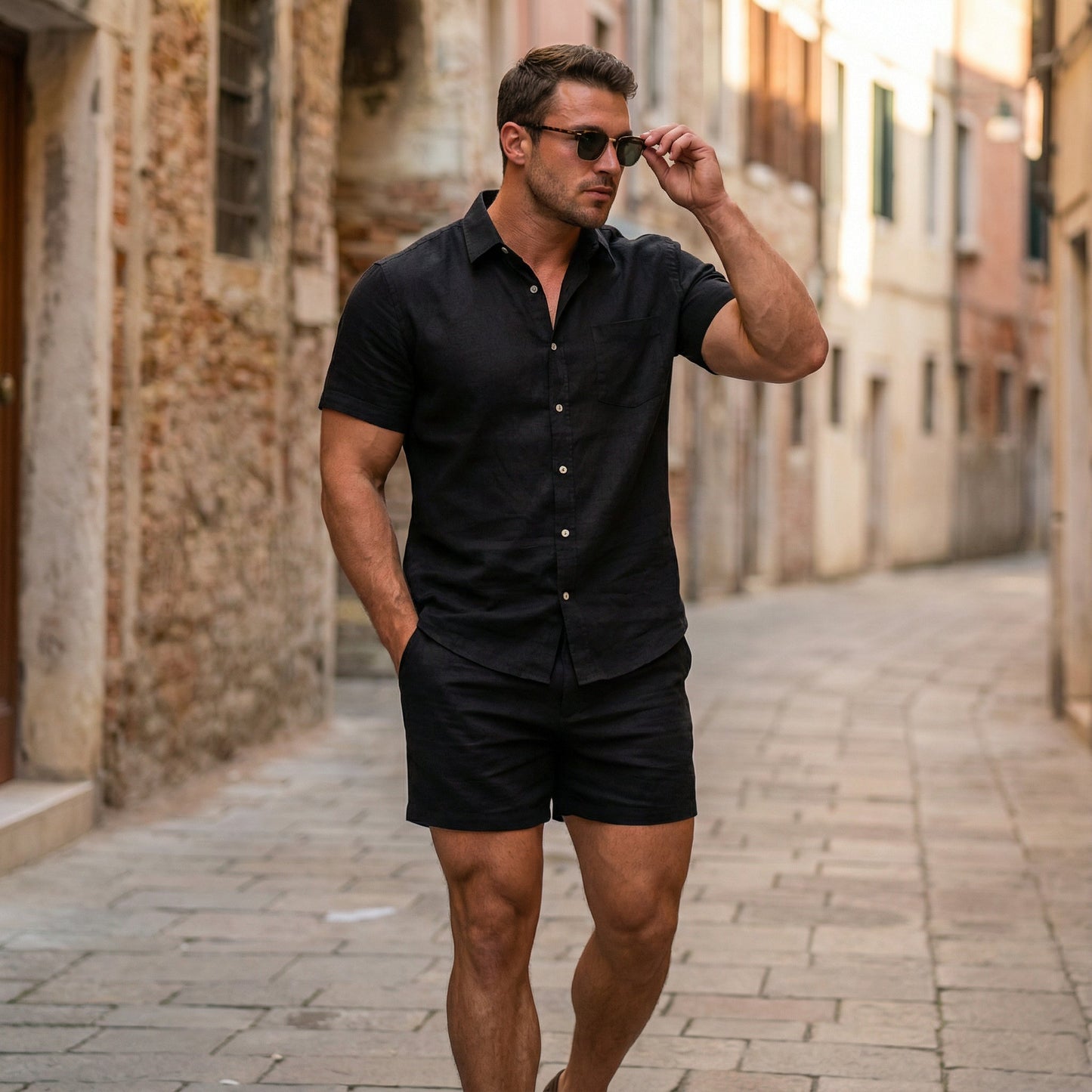 Herren-Set Capri aus Premium-Viscolino - Hemd und Shorts