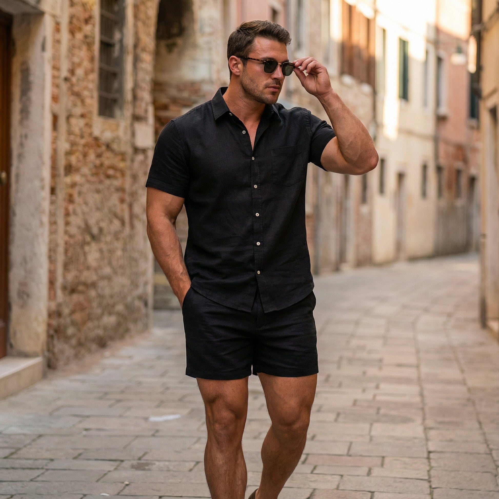 Herren-Set Capri aus Premium-Viscolino - Hemd und Shorts