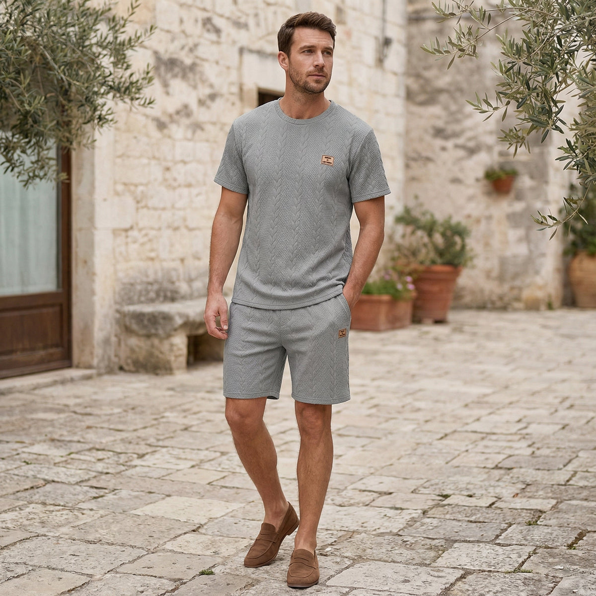 Herren-Set Minimalist aus strukturierter Strickware - Hemd und Shorts